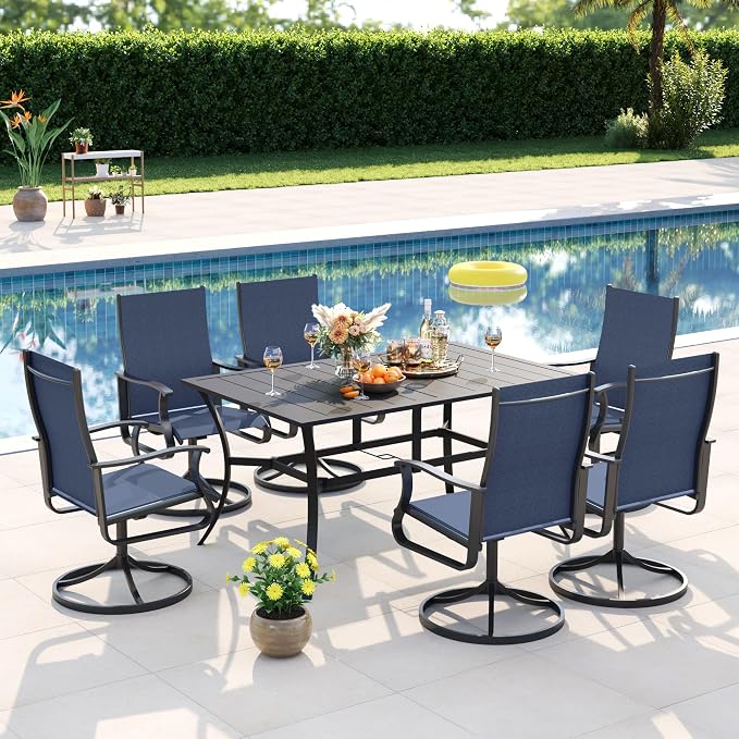 Amopatio 7 Pieces Patio Dining Set for 6, Outdoor Table and Chairs, 6 All Weather Swivel Patio Chairs, 59" Patio Spliced Rectangular Table with Umbrella Hole, for, Backyard & Poolside, Navy Blue
