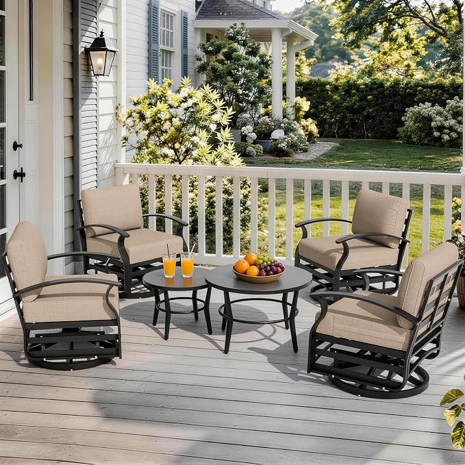 Gotland 6 Piece Patio Set, Aluminum Outdoor Swivel Chairs Set with Round Table 5.1’’ High-Resilience Seat Cushions 29.5" Deep Seating, Metal Patio Furniture Set Patio Conversation Sets, Khaki