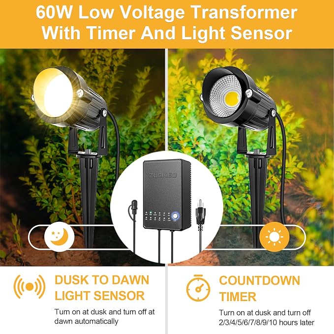 ZUCKEO All-in-One Landscape Lighting Kit, 5W LED Low Voltage Landscape Lights with Transformer and 80FT Wire, Waterproof Outdoor Spotlight with Connectors for Yard Garden House, 3000K 12-24V 8Pack