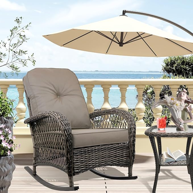 Outdoor Wicker Rocking Chair, All Weather Resin Rattan Wicker Rocking Chairs and Glass Coffee Table, for Garden Backyard Lown Porch,3pc,Brown