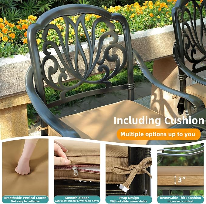 MEETWARM 7-Piece Outdoor Patio Dining Set, All-Weather Cast Aluminum Patio Conversation Set for Backyard Garden Deck with 6 Cushioned Swivel Rocker Chairs, 1 Rectangular Table, 2" Umbrella Hole