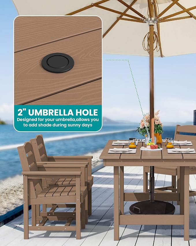 SERWALL 7-Pc HDPE Patio Dining Set, 1 Table & 6 Armless Chairs, Brown | HDPE Outdoor Dining Set with Rectangular Table & 6 Armless Chairs, All-Weather Resistant SERWALL Dining Set for 6