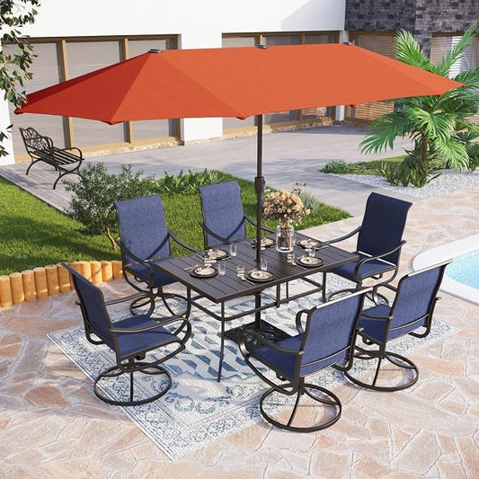 PHI VILLA Outdoor Dining Set with Umbrella for 6, Swivel Mesh Chairs | 59'' metal rectangular table, 6 blue textilene chairs and 13ft orange red umbrella(NO BASE), designed for patio, deck, garden