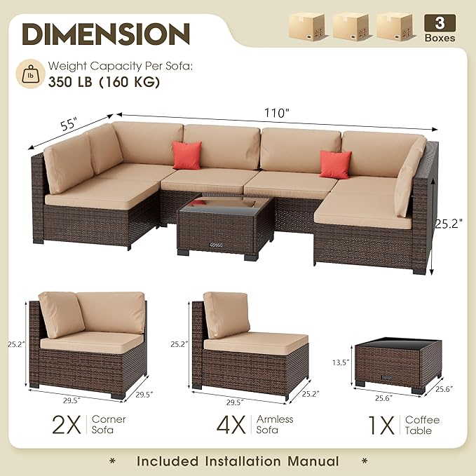 LHBcraft 7 Piece Patio Outdoor Furniture Set, Outdoor Sectional Furniture, Outside Patio Sofa Sectional All-Weather Manual Weaving PE Rattan Wicker, Beige Cushion and Glass Table