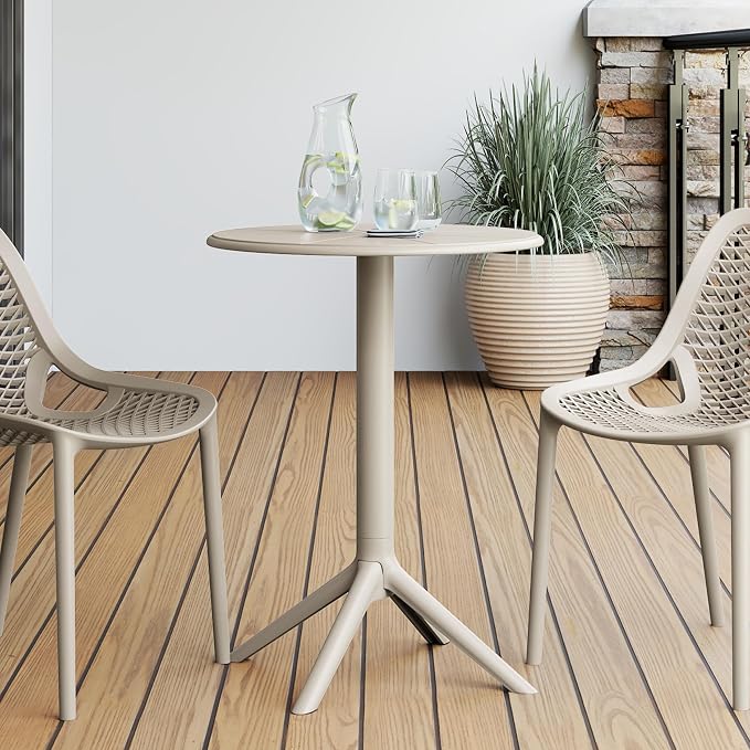 Costaelm Patio Table for 4-Person, Outdoor Patio PP Round Dining Table, All-Weather Bistro Dining Table for Backyard Deck Porch Poolside, Sand