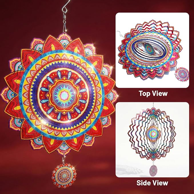 Mandala Wind Spinner, 12 Inch Stainless Steel Wind Spinners Outdoor, 3D Kinetic Laser Cut Hanging Sculpture, Metal Yard Art Decoration, Indoor/Outdoor Decor Gifts for Women, Men, Holidays