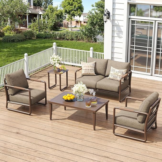 4-Piece Aluminum Patio Conversation Set, Modern Outdoor Sofa with Coffee Table, 6.5" Thick Cushions & All-Weather Rust-Resistant Frame, for Backyard, Poolside, Porch (White)