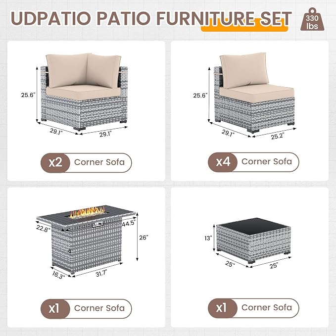 UDPATIO Patio Furniture Set with 44'' Fire Pit Table, 8 PCS Outdoor Sectional Furniture Sets, Outdoor Conversation Set PE Rattan Sofa for Backyard W/Coffee Table (Beige Cushions with Grey Rattan)
