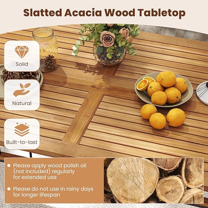 Tangkula 6 Pieces Patio Dining Table Set, Outdoor Rectangular Acacia Wood Table with 1.97” Umbrella Hole & Cushioned Backless Bench & 4 Armchairs, for Garden, Deck, Yard