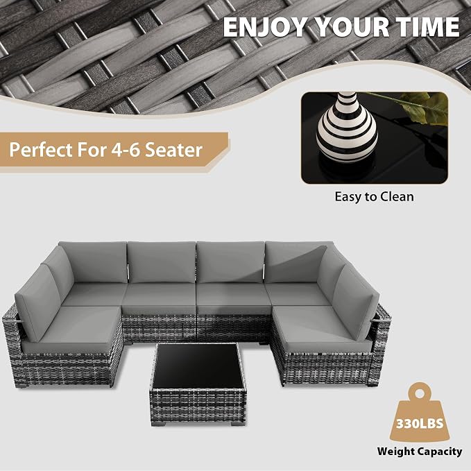 KIGOTY Patio Furniture Set,7 Pieces Modular Outdoor Sectional Sofa, PE Rattan Patio Conversation Set, All Weather Wicker Patio Furniture with Cushions and Coffee Table（Light Grey/Light Grey）