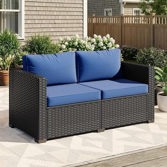 LazySunsets 1-Piece Outdoor Patio Furniture Set, Rattan Outdoor Sectional with Thick Waterproof Cushions, Wicker Ottomans & Waterproof Cover, Patio Conversation Set for Garden, Backyard, Navy Blue