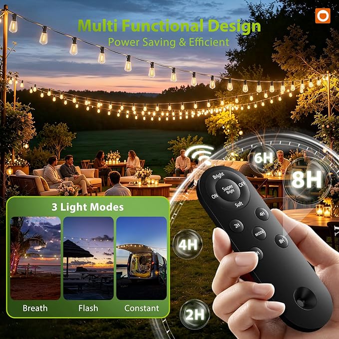 addlon 198FT Solar String Lights Outdoor, Waterproof,Dimmable, Last 20+ Hrs | Ideal for Large Backyard, Garden, Wedding, Party, Camping, 60+4 Shatterproof LED Bulbs, Timer Via Remote, Easy Install