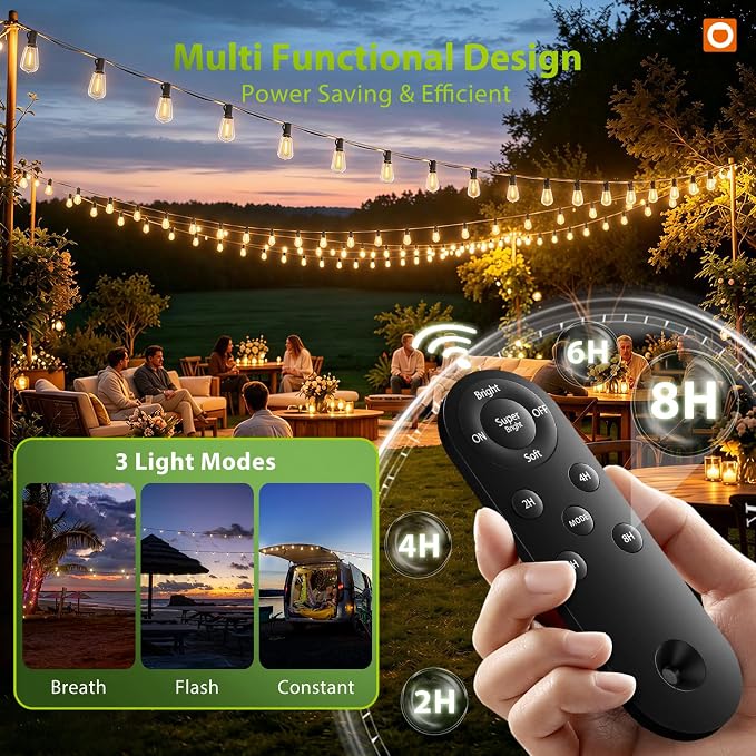 addlon 198FT Solar String Lights Outdoor, with 104 Dimmable LED Bulbs | Ideal for Large Backyard, Garden, Wedding, Party, Camping, Spaced 2FT, IP65 Waterproof, Remote, Easy Install, Last 20+ Hrs
