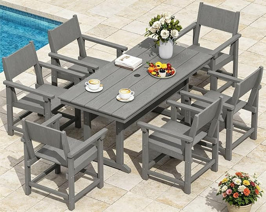 7-Piece HDPE Outdoor Patio Dining Set,Outdoor Table and Chairs,Modern Plastic Dining Sets with Umbrella Hole Cut-Out Table and 6 Chairs Gray