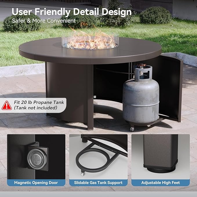 5 Piece Metal Outdoor Patio Furniture Set with 48" Round Propane Fire Pit, Outdoor Dining Table Set with 4 Fixed Chairs and 55000 BTU Outdoor Fire Pit, Sand
