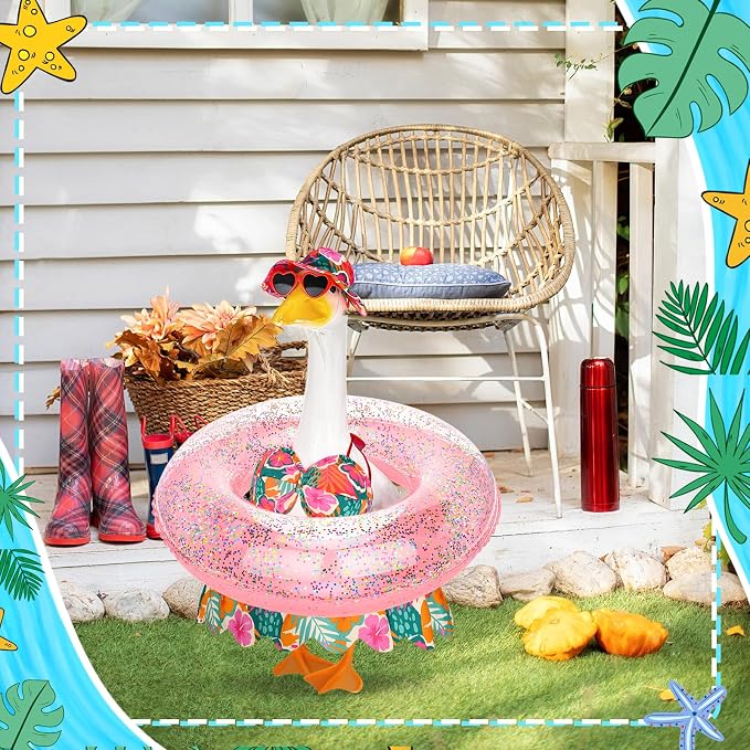 Hawaiian Porch Goose Outfits Summer Bikini Goose Clothes Costume Fits 23" Goose Statue with Hat Sunglasses & Swimming Ring