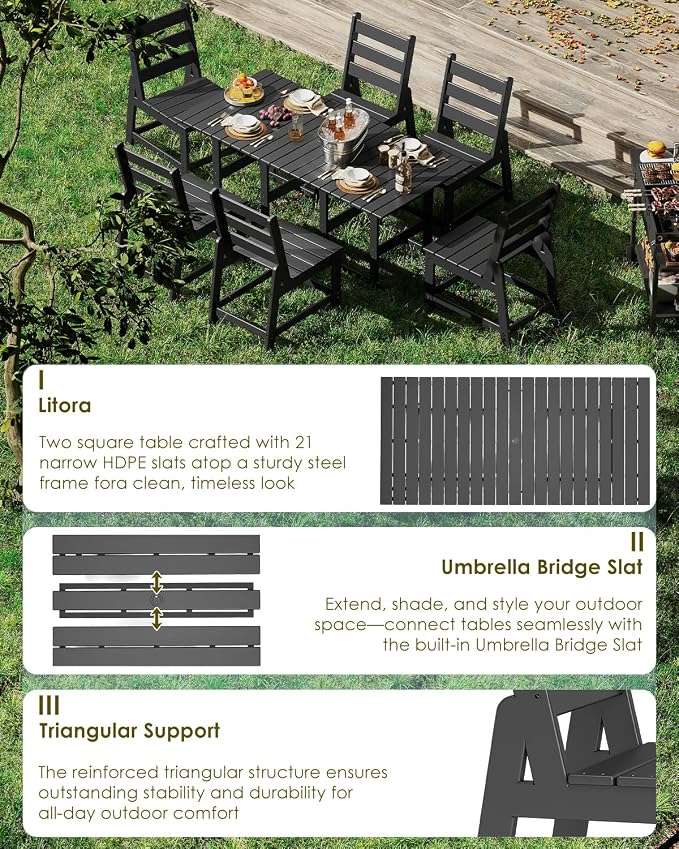 GREENVINES 7-Piece-Outdoor-Table-and-Chairs | HDPE | Patio Furniture | Dining Sets for 6 | Armless Chair | All Weather | Connectable Tables | for Backyard Poolside Garden | Black