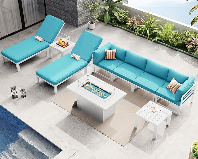 NICESOUL 9 Pcs Large Modern Aluminum Outdoor Sofa with Lounge & Fire Pit Table, 29" Deep Wide Seat, 500 lbs Durable Sectional Set for Heavy People, All-Weather Patio Furniture Set for Deck, Turquoise