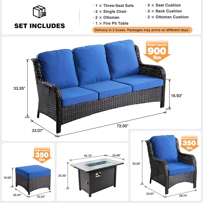 ovios 6-Pieces Patio Furniture Set with 42" Fire Pit Table, Outdoor Wicker Sofa Couch Ottomans Comfy Cushions, High Back Modern Conversation Set, Brown Rattan, Navy Blue