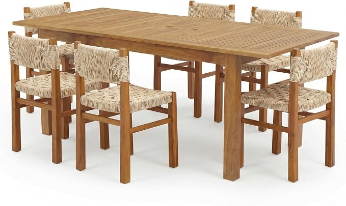 Christopher Knight Home 7 Piece Outdoor Dining Set Acacia Wood Expandable Table and 6 Wicker Chairs Light Grey Patio Dining Furniture Set with Teak Finish Wooden Frame for Garden Backyard Porch