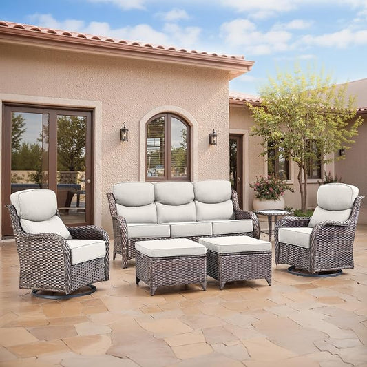 Swivel Patio Chairs Sofa Set of 6-6" Thick Cushion - Wicker Outdoor Swivel Rocker Patio Chair,Sofa/Side Table, High Back Comfortable Outdoor Glider Chairs - Brown Wicker | Beige Cushions