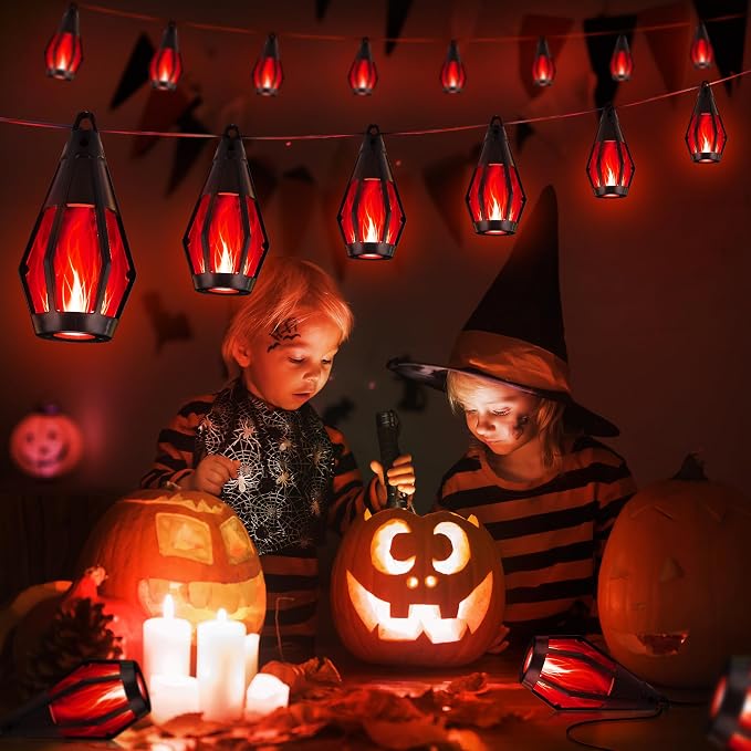 iBaycon 27FT 10 LED Solar Flame Halloween String Lights Outdoor, Red | Ultra-Real Flickering Flame Lamp Outdoor Waterproof, Solar Patio String Lights for Garden Yard Lawn Halloween Decorations