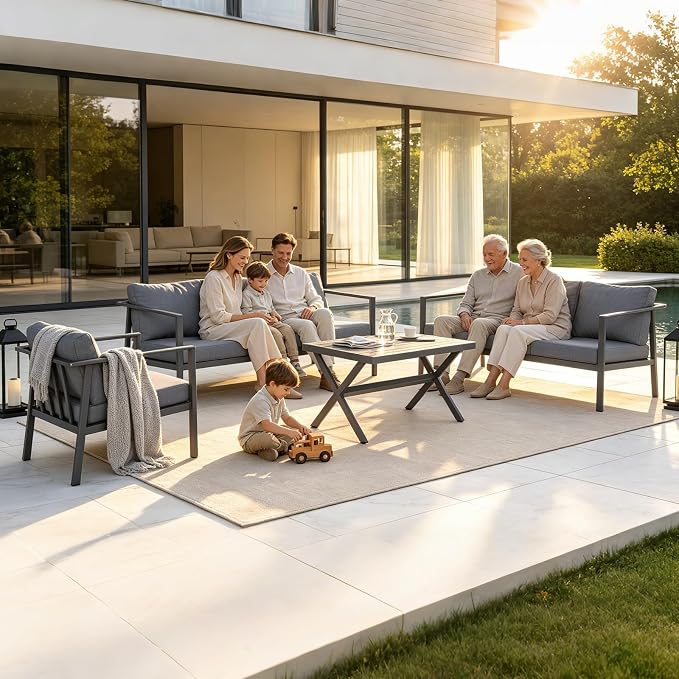 Aug-guan Aluminum Patio Furniture Set 5 Piece, Outdoor Conversation Set with 5" Cushions, Olefin Fabric, Rustproof Frame, Non-Slip Feet, Compact Patio Sofa Set for Balcony, Backyard, Porch,Grey
