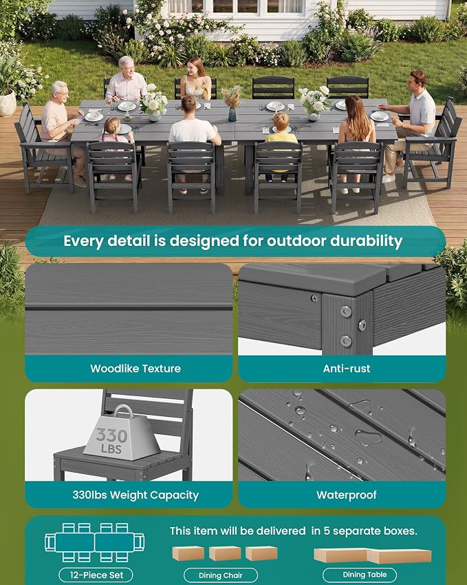 SERWALL HDPE Outdoor Dining Set for 10 with 2 Tables & 10 Chairs, Gray | Includes 2 Rectangular Tables(67") and 10 Chairs. All-Weather Resistant Dining Furniture