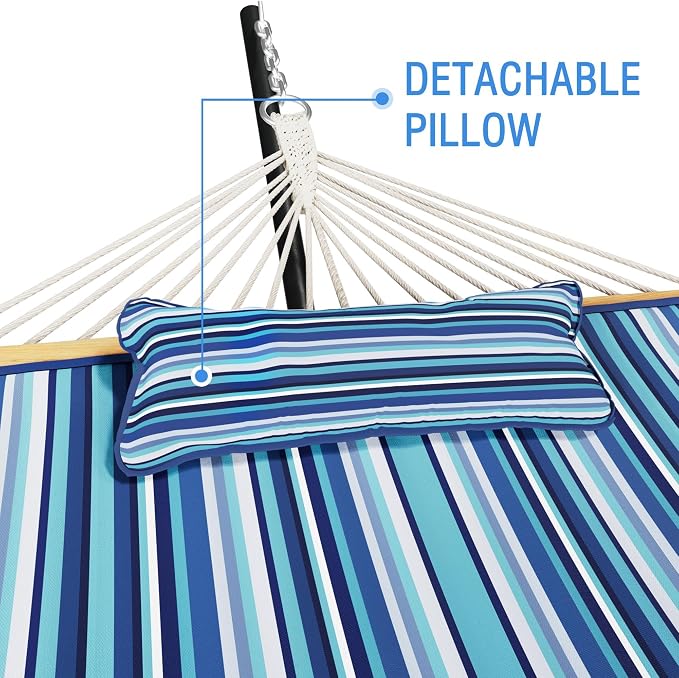 MUPATER 12FT Double Hammock with Stand Included, 2 Person, Outdoor Quilted Hammock with Stand, Rope with Pad and Pillow, para adultos, Striped Blue