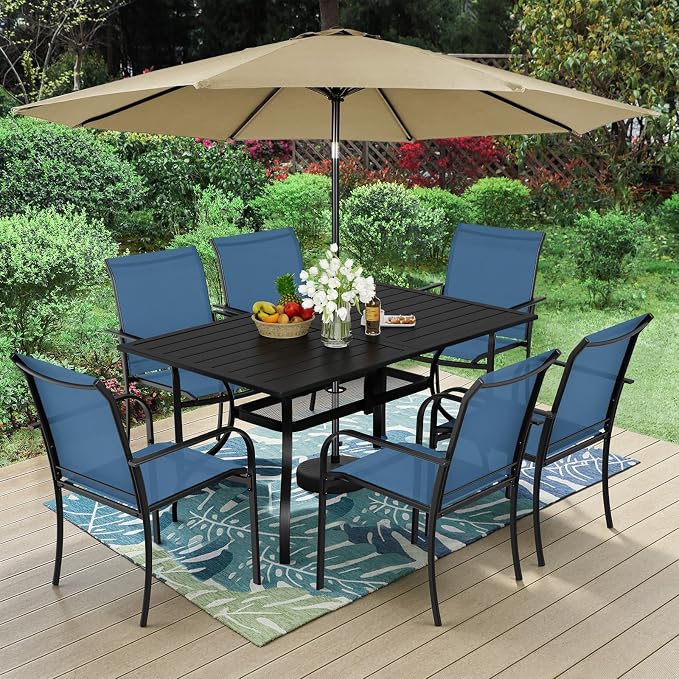 7-Piece Patio Dining Set with Umbrella,6 Person Outdoor Table and Chairs Set, 6 Metal Dining Chairs and Rectangular Outdoor Table with 1.57" Umbrella Hole,Blue