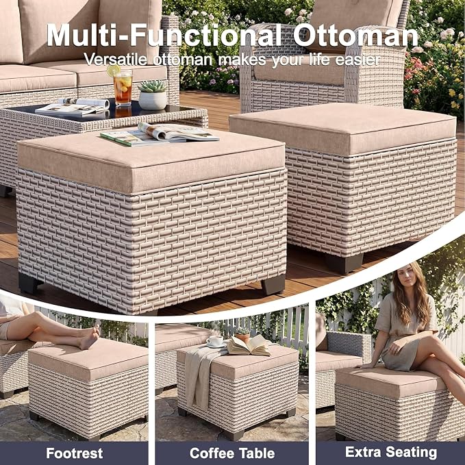 Patio Furniture Set, 12-Piece Outdoor Sectional Sofa with Swivel Rocker Chairs & Ottomans, Wicker Patio Conversation Set with Coffee Table, Khaki Cushions