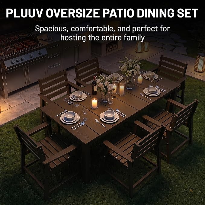 PLUUV 9-Piece Outdoor Patio Dining Set – HDPE Dining Table with Aluminum Legs and Umbrella Hole, 8 Chairs & 1 Table, All-Weather Patio Furniture Set for Garden Deck Backyard, Coffee