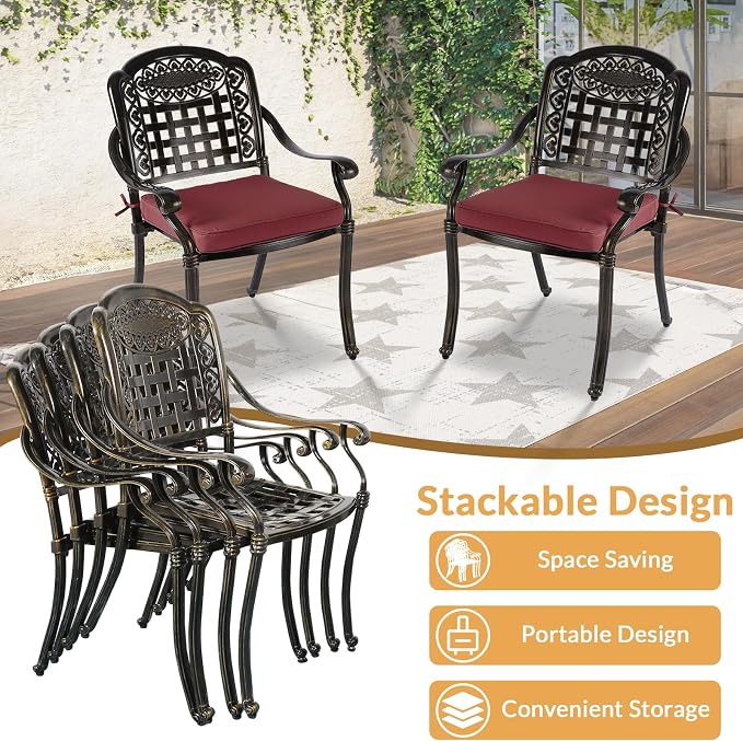 9 Piece Outdoor Patio Dining Set for 8, Cast Aluminium Large Square Dining Table & 4 Swivel Rocker Chairs, 4 Stationary, 8 Cushions, Umbrella Hole, Patio Furniture Set for Garden, Chili Red