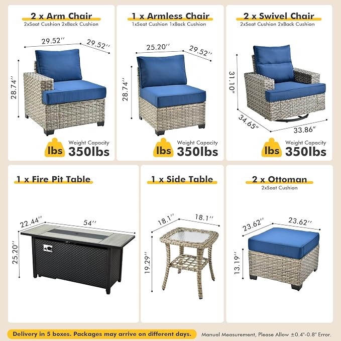 9 Pcs Outdoor Sectional Patio Furniture Set with Fire Pit Table and Swivel Rocking Chairs - All Weather Wicker Modular Outside Sectional Couch,Patio Seating Outdoor Conversation Sets,Navy Blue