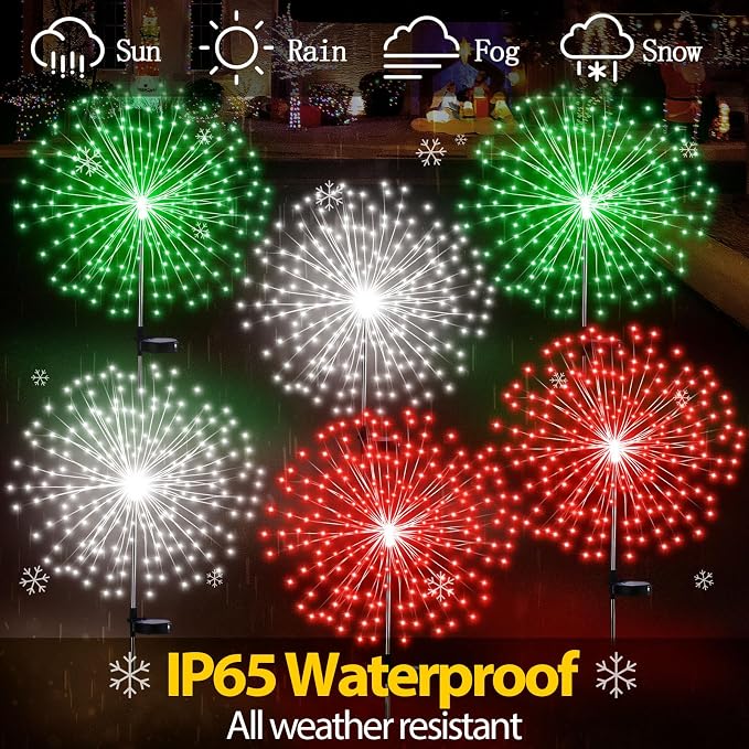 Tujoe 6 Pcs Christmas in July Solar Firework Stake Lights 180 LED 8 Modes Solar Waterproof LED Sparkler Lights Outdoor Decoration for Garden Patio Yard Pathway Walkway Lawn Xmas (Red Green White)