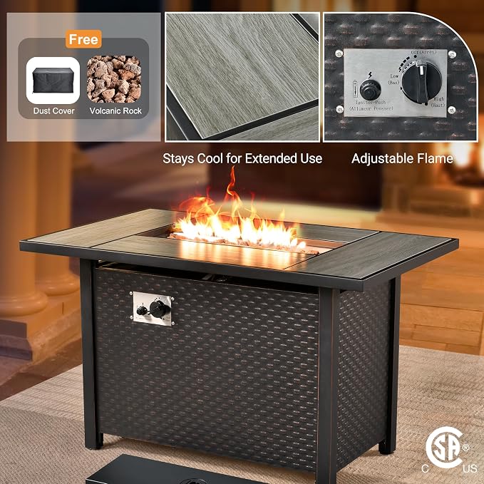 Outdoor Sectional Patio Furniture Set with Fire Pit,7 Pieces Rattan Conversation Sets,Out Door L Shaped Furniture with Glowing Coffee Table,Light Grey