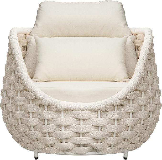 TWT 3 Pieces Aluminum Patio Furniture Set, Hand Woven Polyester Rope Modern Outdoor Furniture w/Washable Cushion and Rock Slab Tabletop, Conversation Sofa Set for Livingroom Poolside Balcony (Beige)