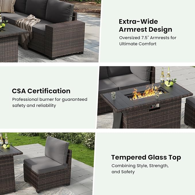 Soohow 7-Piece Patio Furniture Set with 44" Fire Pit Table, Outdoor Sectional Wicker Rattan Conversation Set for Garden, Porch, Backyard - Grey Cushions