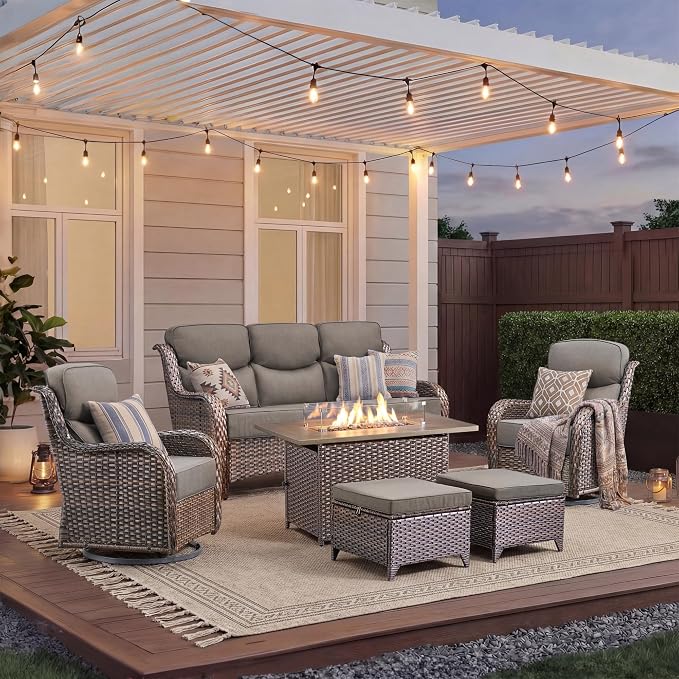 Luxury Patio Furniture Set with Fire Pit Table-6 Pieces All Weather Outdoor Swivel Rocker Chairs with Sofa and Ottomans. Outdoors Patio Conversation Sets for Porch Deck Garden Backyard(Brown/Grey)