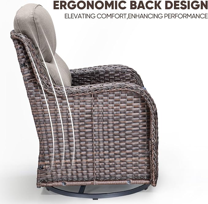 Swivel Patio Chairs sofa Set of 7 with 6" Thick Cushion - Wicker Outdoor Swivel Rocker Patio Chair ,Sofa/Glass coffee table, High Back Comfortable Outdoor Glider Chairs - Brown Wicker | Gery Cushions