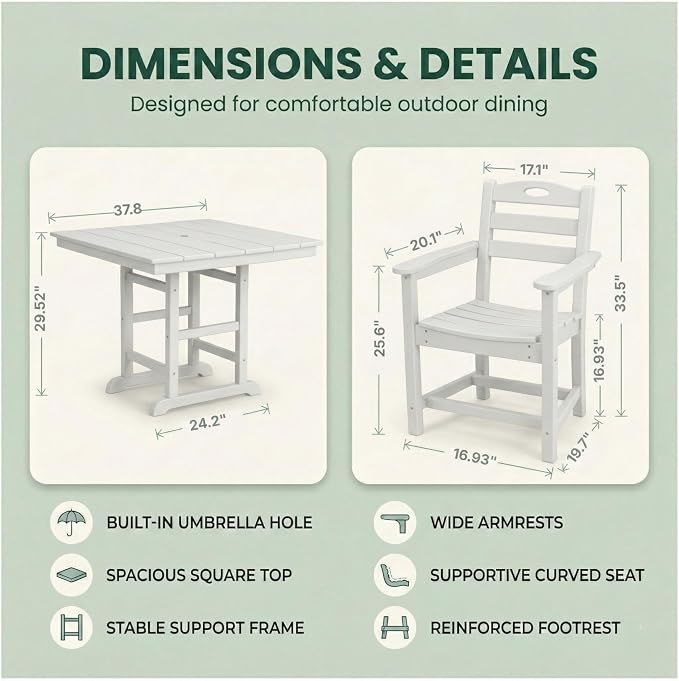 WILLIAMSPACE 37.8" Outdoor Patio Dining Set with 2 Armchairs, All Weather HDPE Square Dining Table with Umbrella Hole, Patio 3-Piece Bistro Set for Backyard, Balcony, Lawn, Kitchen (White)