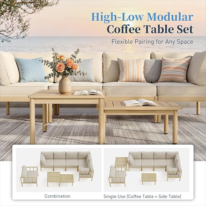 SUNSHINE VALLEY Patio Furniture,Acacia Wood Outdoor Sectional Sofa with 5.5" Ultra-Thick Cushions,Patio Conversation Set,Lawn Garden Backyard Couch Set with Nesting Tables,Beige