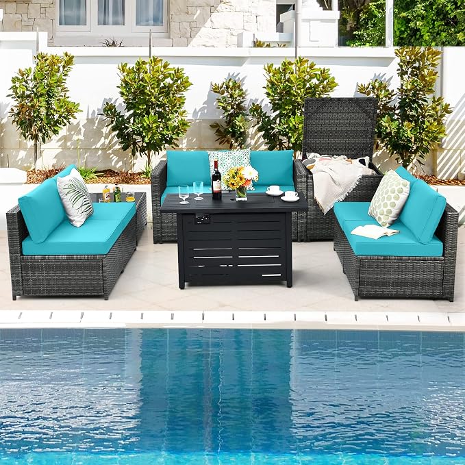 Tangkula 9 Pieces Patio Rattan Furniture Set, Patiojoy Sectional Sofa Set w/Storage Box, Coffee Table, Outdoor Wicker Conversation Set w/ 42” ETL Approved Propane Fire Pit Table (Turquoise)