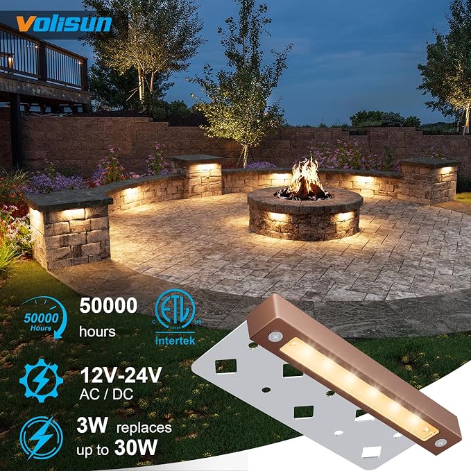 VOLISUN 7 Inch Retaining Wall Lights, 2700K Hardscape Lighting, 8 Pack | IP65 Waterproof, Cuttable Low Voltage Landscape Lighting, 12V Paver Lights, 3W Outdoor Step Lights, ETL
