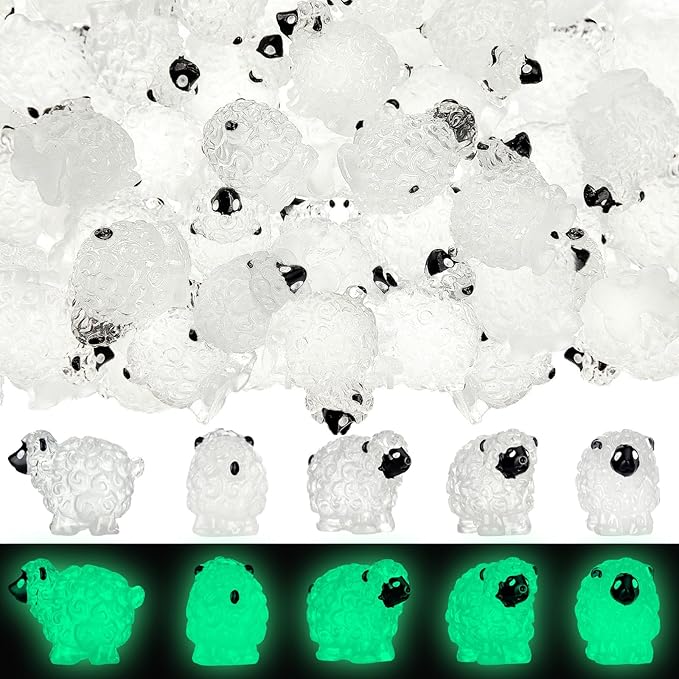 Suzile 50 Pcs Mini Sheep Figurine Miniature Resin Sheep Figurine White Lamb Figure Cute Animal Statue Landscape Little Decor for Spring Summer Outdoor Garden DIY Ornament Cake Topper(Luminous Style)