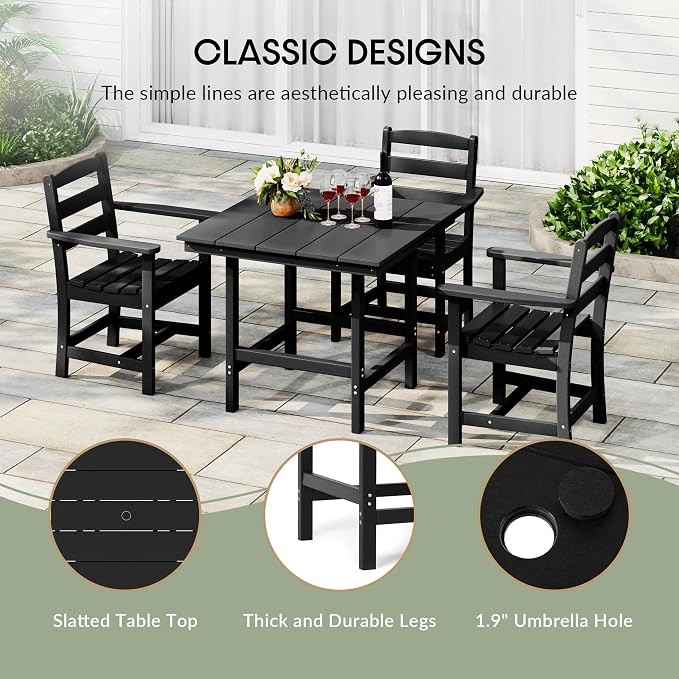 WestinTrends Ashore Outdoor HDPE 36" Square Patio Dining Table with Umbrella Hole, Black
