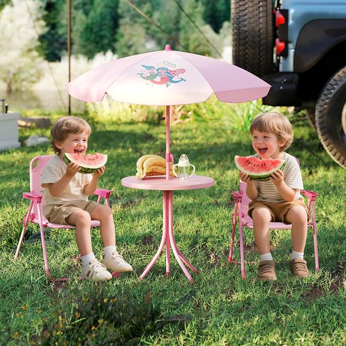 KOTEK Kids Picnic Table with Umbrella, Outdoor Table & 2 Folding Chairs, Cute Pattern Children’s Patio Furniture, Portable Kids Table and Chair Set for Backyard, Garden, Beach (Pink)