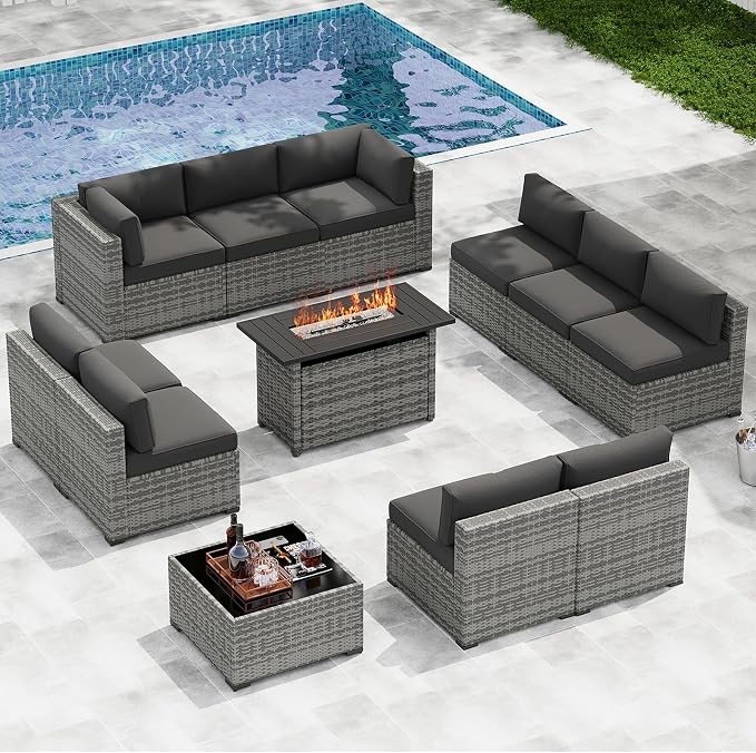 LazySunsets 12-Piece Patio Furniture Set with 44" Fire Pit Table, Wicker Outdoor Furniture, Patio Conversation Sets with Coffee Table, Outdoor Sectional Couch, Black