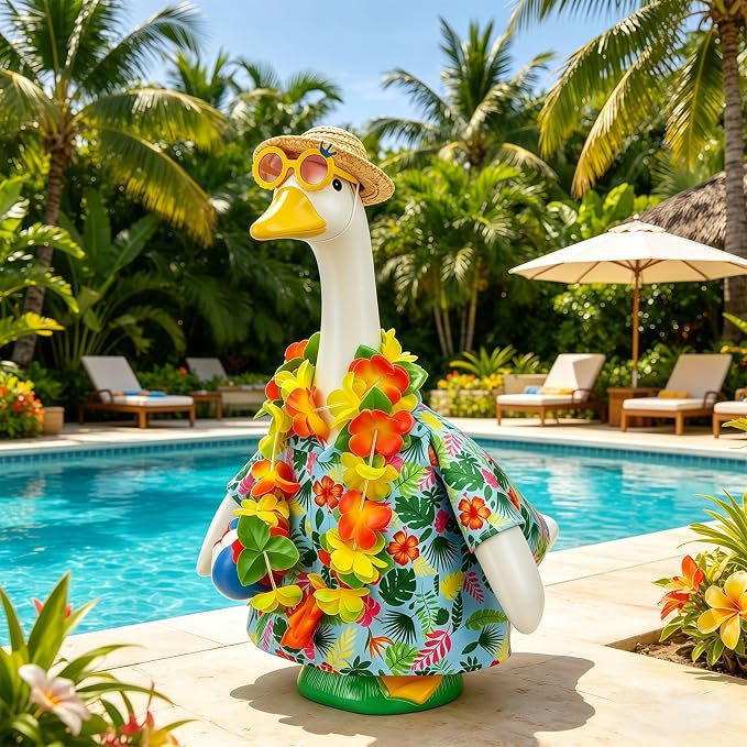 Hawaiian Porch Goose Outfits for 23" Statue, Summer Goose Clothes with Volleyball, Straw Hat, Sunglasses & Floral Wreath – Fun Tropical Lawn Decor for Garden, Patio, Beach
