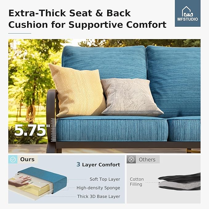 MFSTUDIO 7 Pieces Metal Patio Furniture Sets, 2 Swivel Chairs, 3-Seat Deep Seating Sofa, 2 Single Couch and 2 Ottoman, All Weather 9 Seats Outdoor Conversation Set for Garden Backyard, Peacock Blue